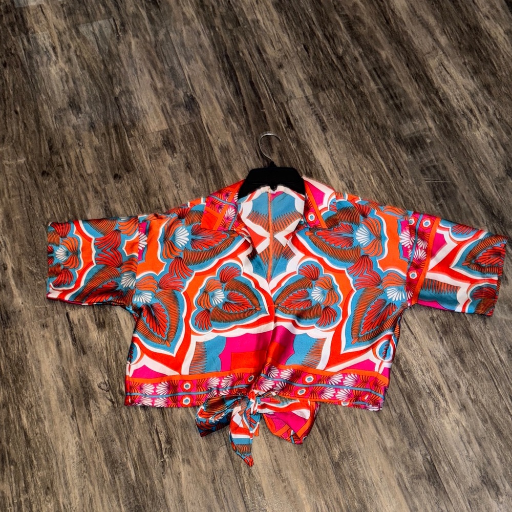 Colorful Patterned Tie-Front Blouse